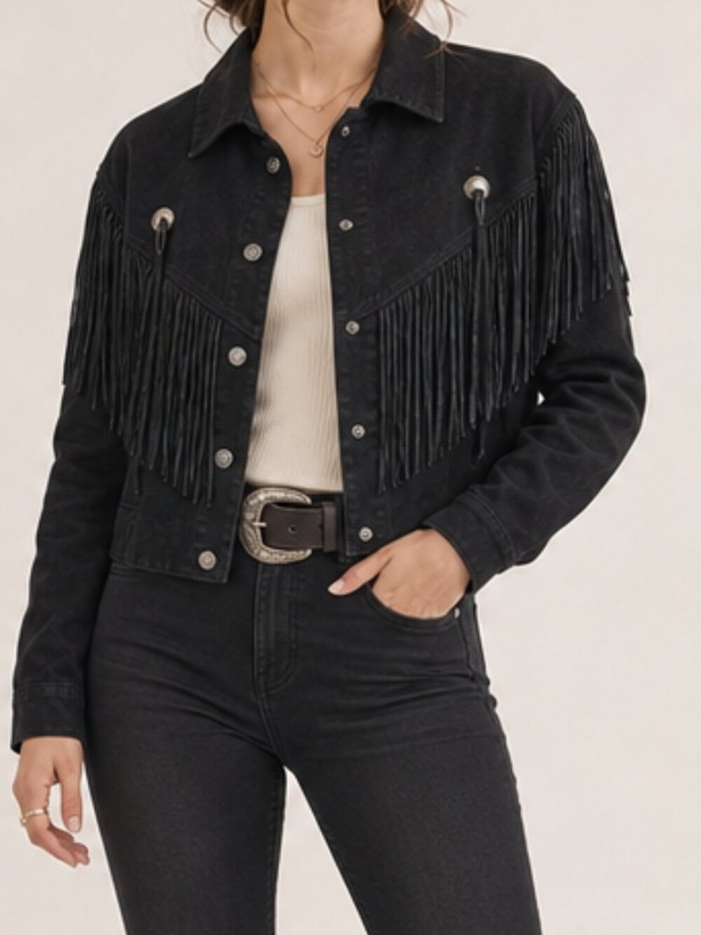 M. Julian Vintage Western Cowgirl Black Fringe Suede Leather Jacket Medium